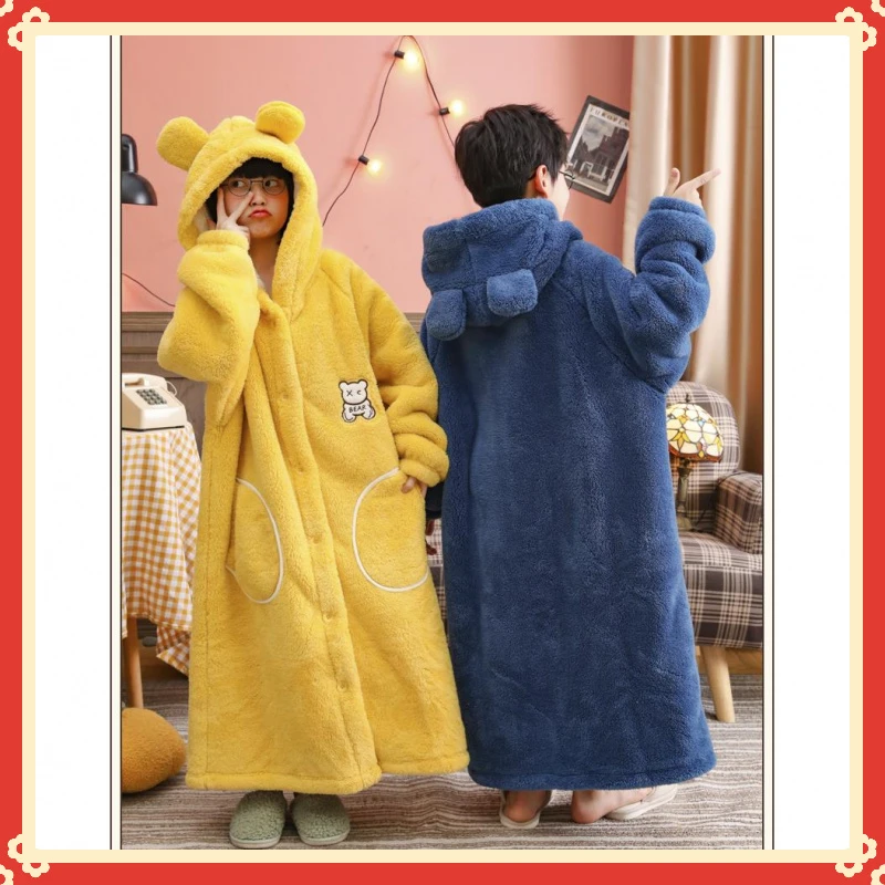 秋冬季覆合双层加绒儿童加厚珊瑚绒小中大男女童加长女童加绒睡袍