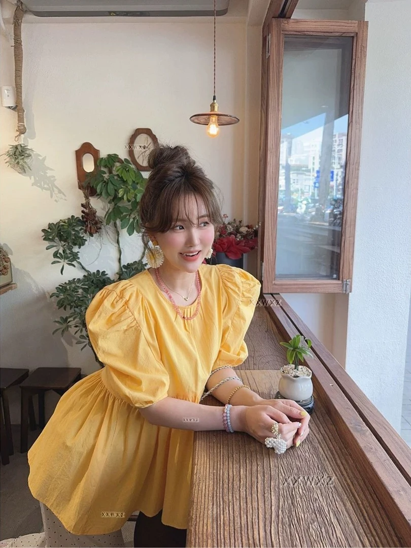 韩国东大门新款韩系ins风泡泡袖宽松甜美娃娃裙上衣