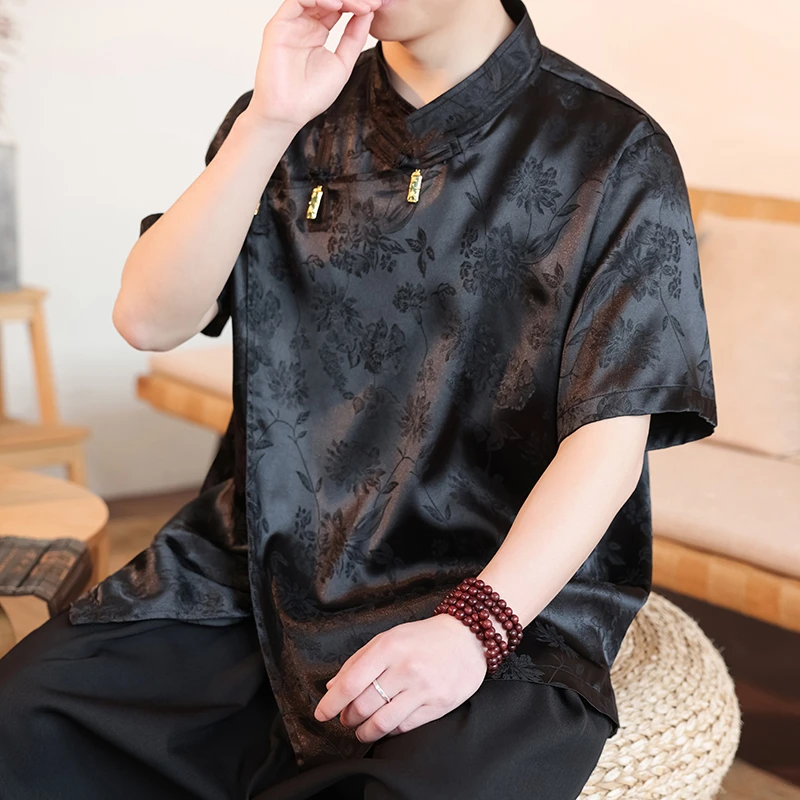 不规则斜襟冰丝衬衫男短袖夏季薄款中国风立领唐装吊坠设计感衬衣