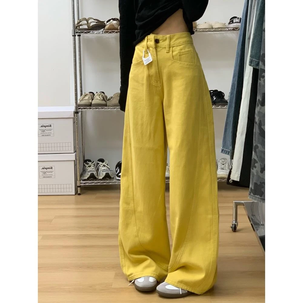 高个子加长美式树叶黄阔腿牛仔裤女春季高腰垂坠感宽松显瘦拖地裤