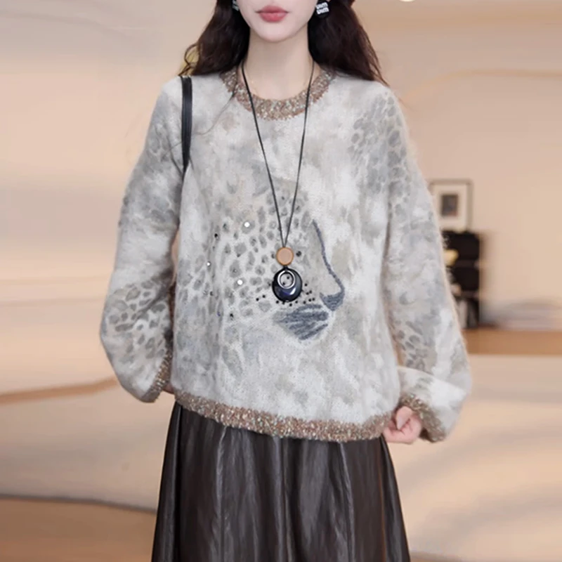 韩系圆领豹纹设计感长袖针织衫女2025秋季新款套头时尚减龄衣服