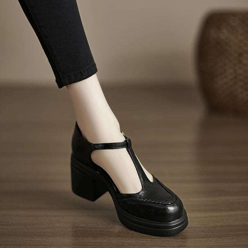 小个子手工女鞋7.5cm~法式玛丽珍粗跟厚底侧空凉鞋新款编织高跟鞋