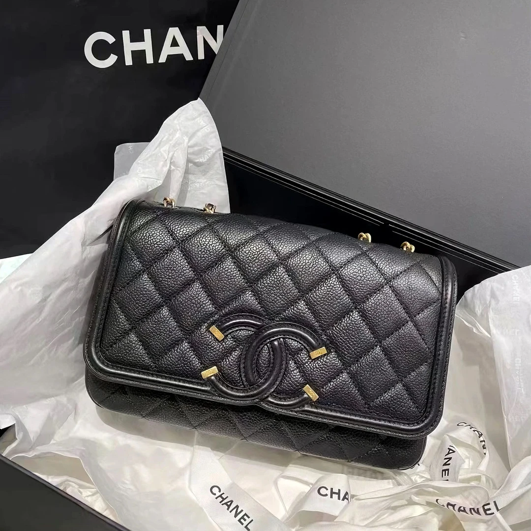 99新 Chanel/香奈儿 5384|香奈儿黑金荔枝牛cf大logo荔枝皮口盖斜