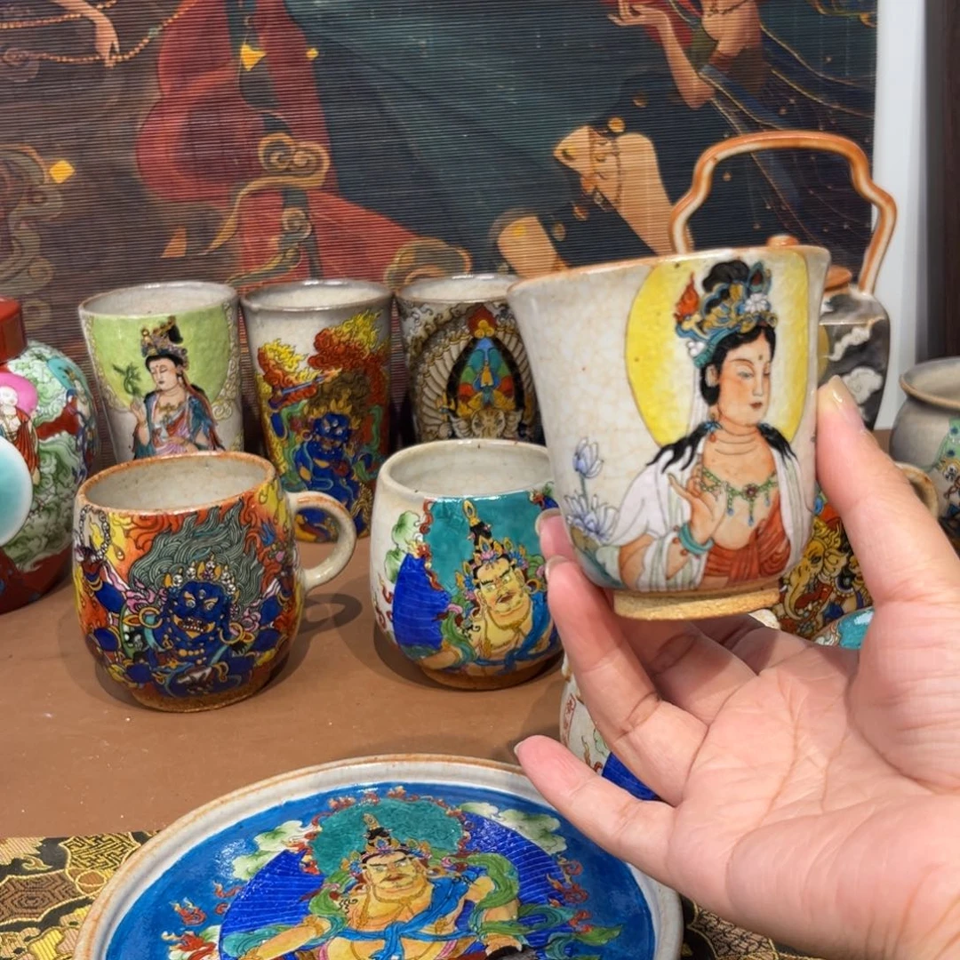 手工手绘白衣执柳观音茶杯