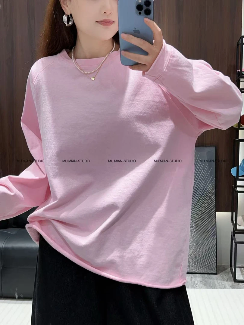 【糖果色净版插肩袖】韩版宽松简约百搭毛边水洗棉磨毛打底T恤上衣