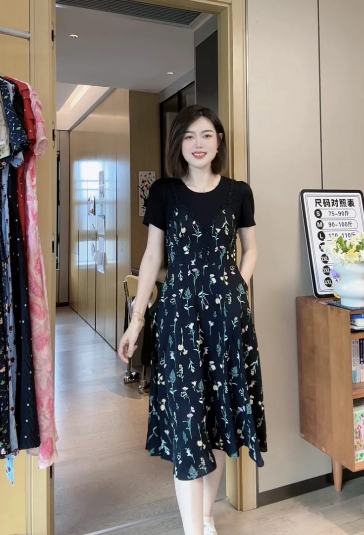 大H【珮莉花园】时尚假两件气质收腰裙子显瘦口袋款清凉连衣裙夏季