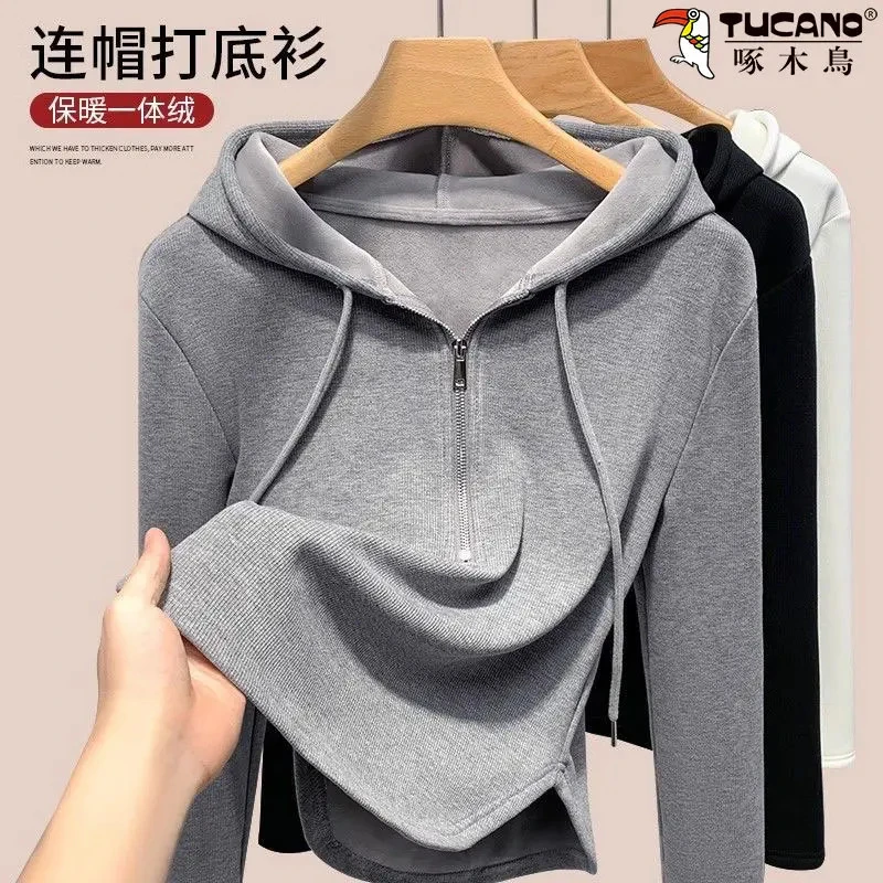 啄木鸟棉半拉链加绒连帽卫衣女秋冬加厚带帽休闲短款灰色帽衫上衣