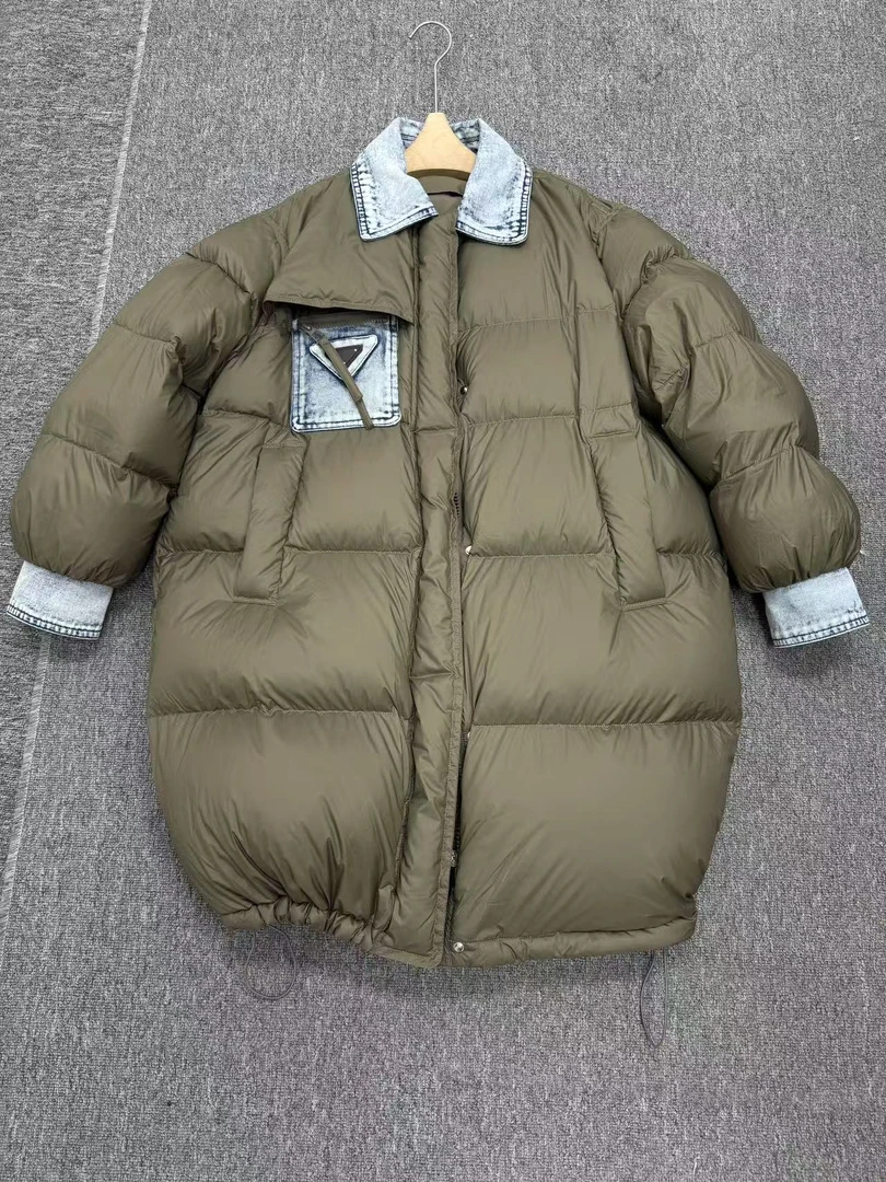 400克白鸭羽绒服2024年新款拼接牛仔个性时尚中长款羽绒服