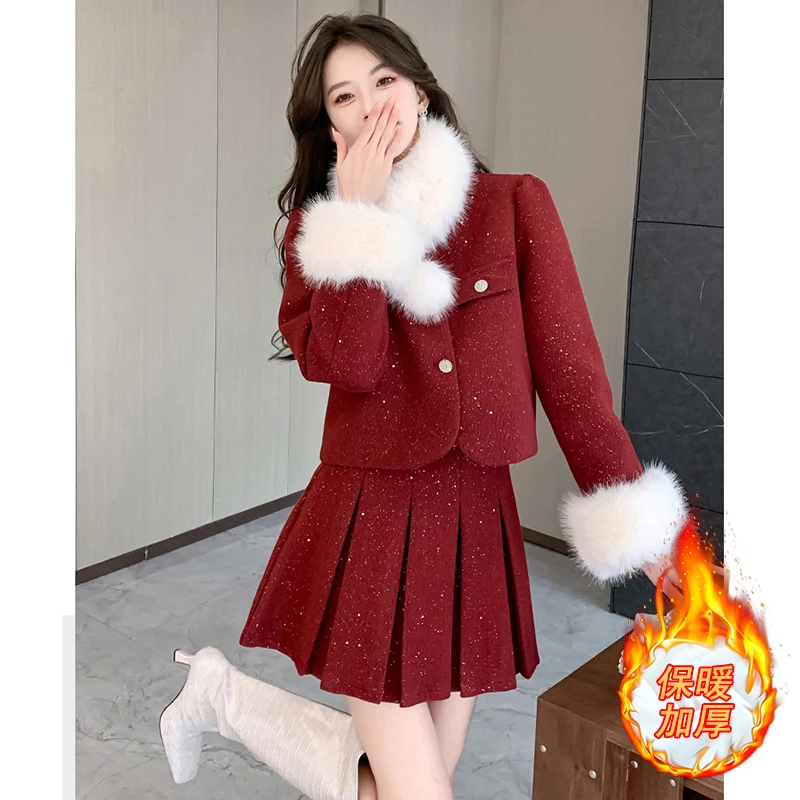 高级感加厚富家千金两件套装裙女春季新款小香风短款外套百褶短裙