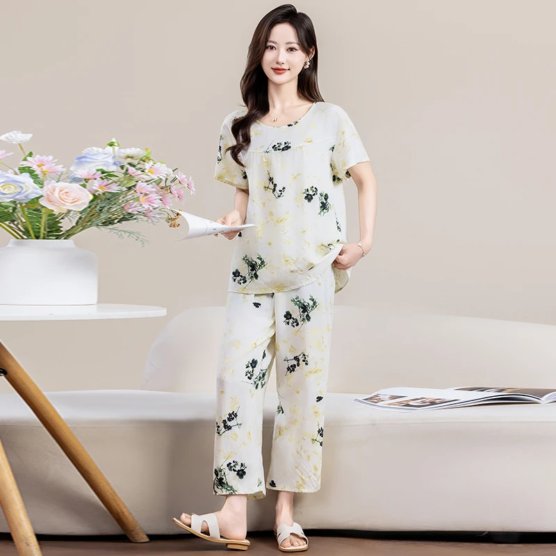 夏季新款大码睡衣女棉绸短袖九分裤绵绸夏天可外穿家居服人造棉