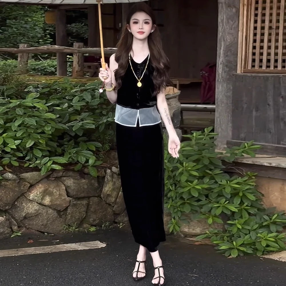 时尚套装裙女2025夏季新款气质显瘦拼接无袖上衣高腰半身裙两件套