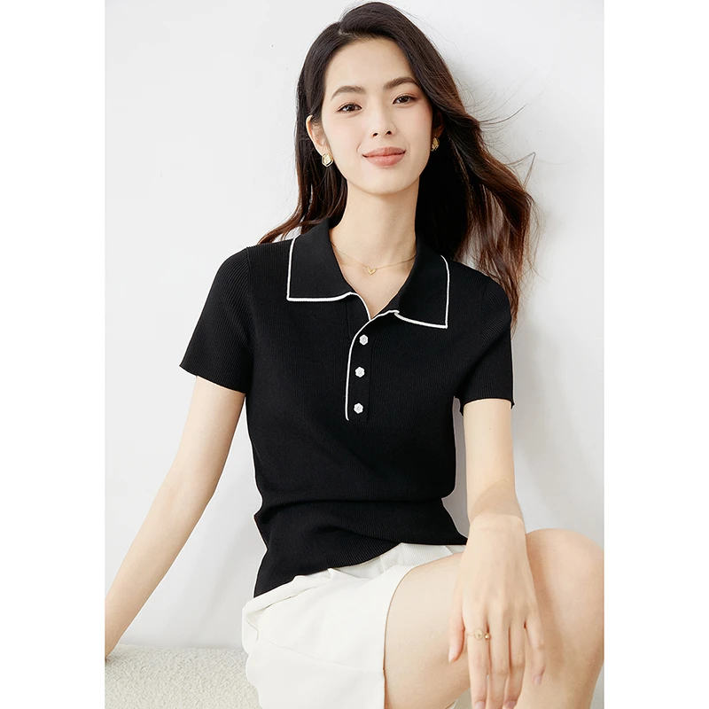 晚白时尚简约弹力百搭宽松正肩翻领通勤短袖女24031513