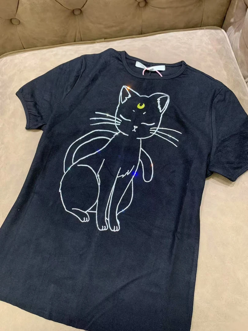 包嫂【W1159黑色月亮猫】短袖t恤女打底半袖上衣休闲夏季2025款重