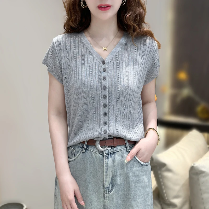 夏季冰感V领百搭显瘦镂空T恤女坑条针织衫小飞短袖上衣9933