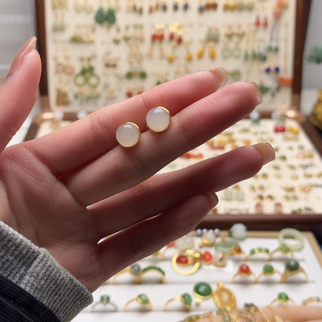 和田玉银S925镀金镶嵌耳饰