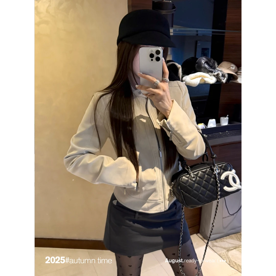 SUNONEONE【茉莉奶白】水洗皮短款立领皮衣时尚外套女-D0290W