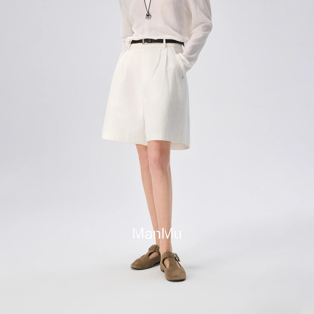 满目ManMu【张琪专属】老钱风高腰A字阔腿短裤时尚五分裤子JJFS1028