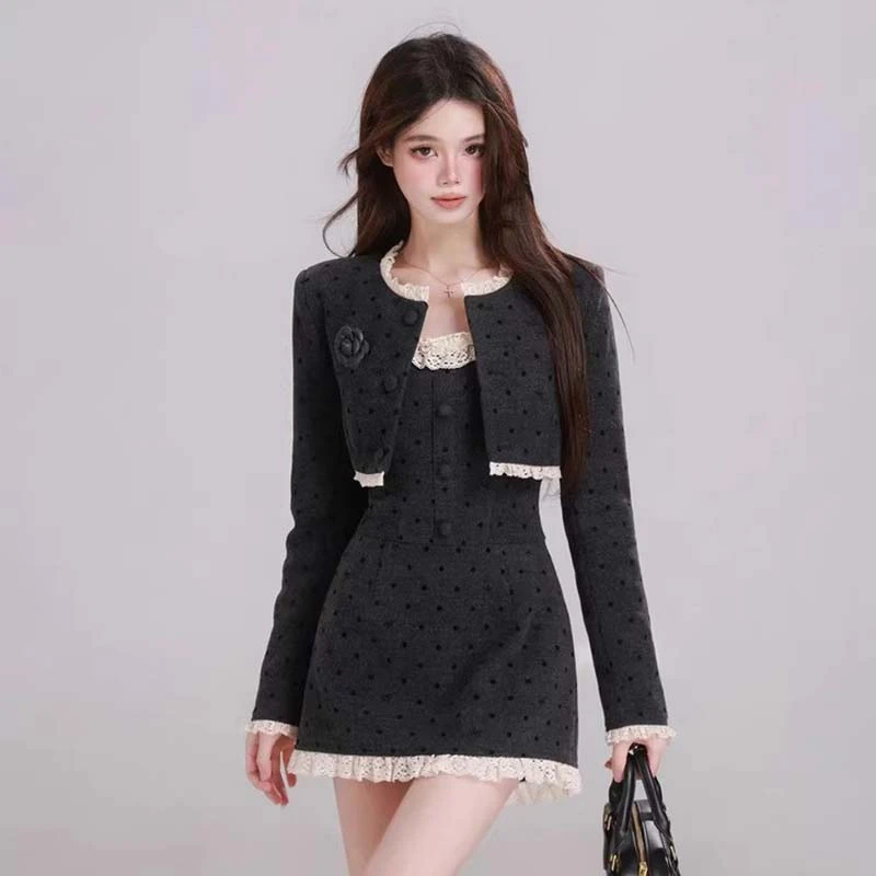 【两件套】【有里布】短款外套女收腰波点连衣裙设计感吊带套装JT0013