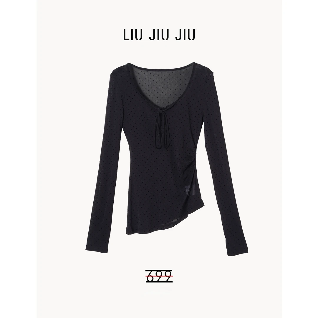 LIUJIUJIU 韩系正肩时尚波点不规则下摆设计轻奢风长袖T恤TX4585L