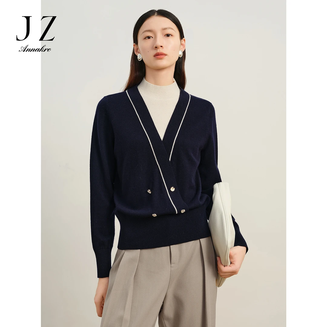 玖姿安娜蔻休闲轻熟风假两件绵羊毛针织上衣新款KWFD31902
