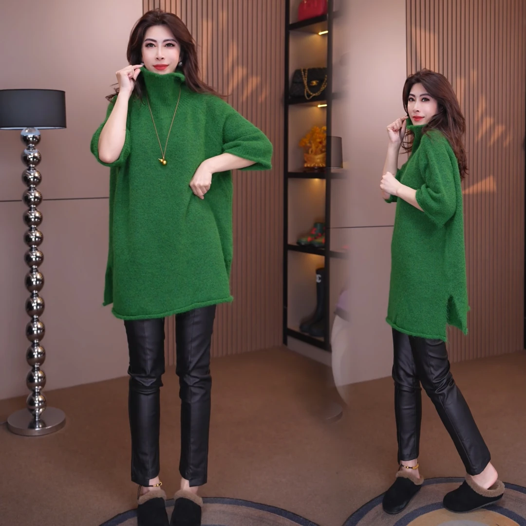 61619#《榜衣》韩版秋冬新款时尚高龄半袖休闲纯色高领宽松针织毛衣