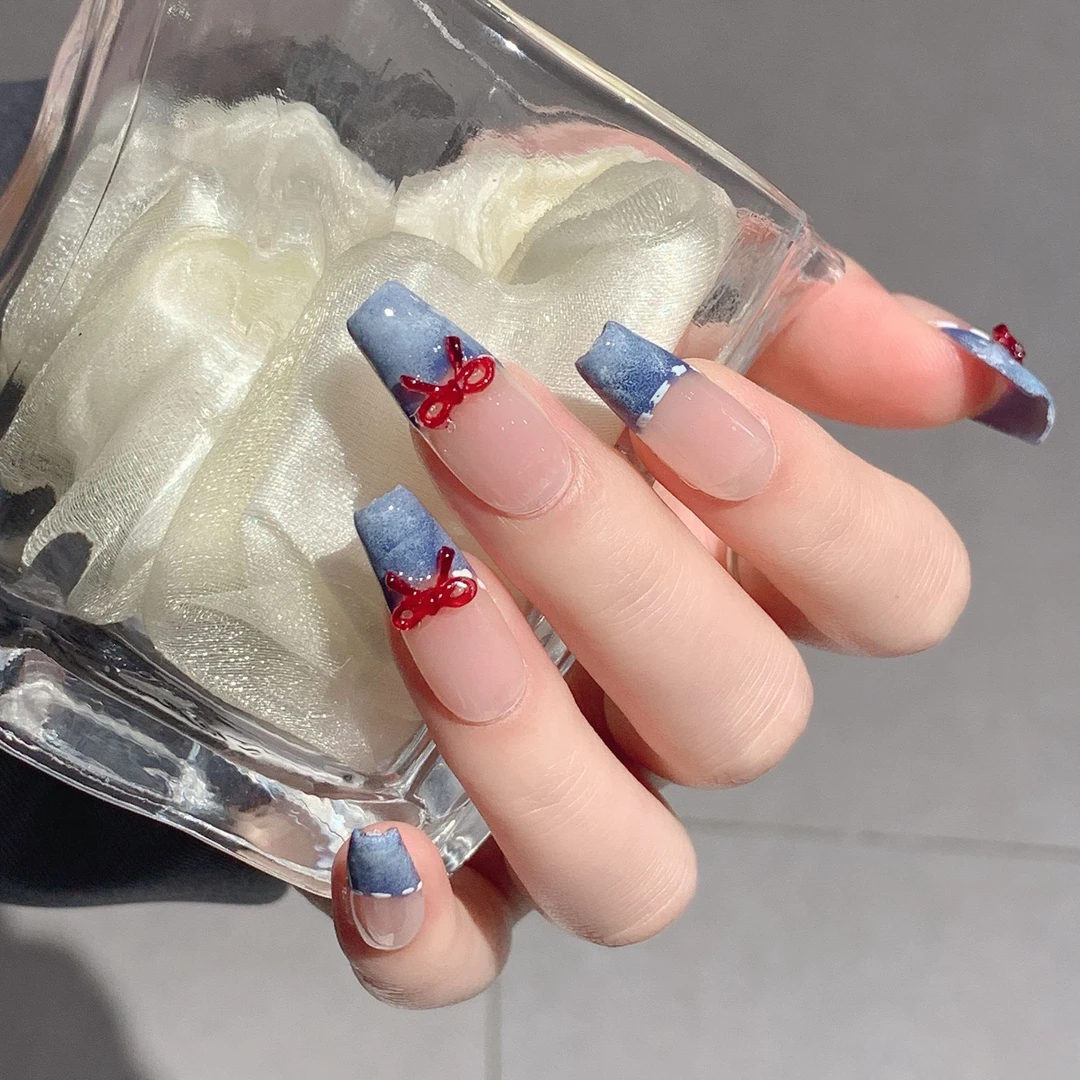 牛仔蓝蝴蝶结纯手工穿戴甲蝴蝶结法式气质显白中长款穿戴式手工甲