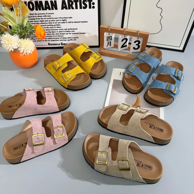复古博肯搭扣厚底松糕拖鞋女韩版女拖一字拖复古沙滩凉拖LL