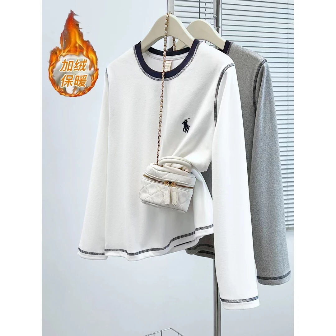 清仓-加绒加厚·小众设计【刺绣-战马】百搭保暖显瘦打底衫长袖24190