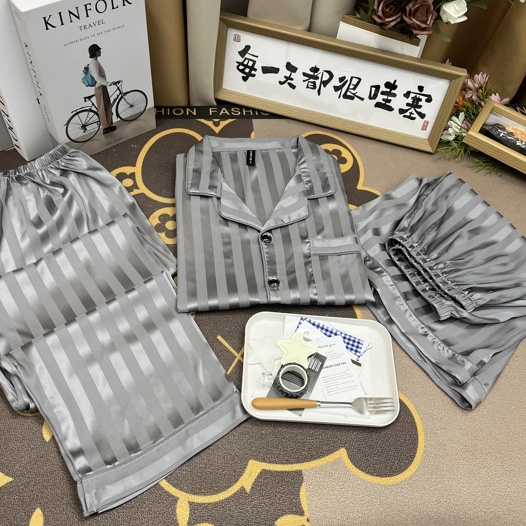 006#夏季男款短袖三件套冰丝透气凉爽睡衣家居服套装