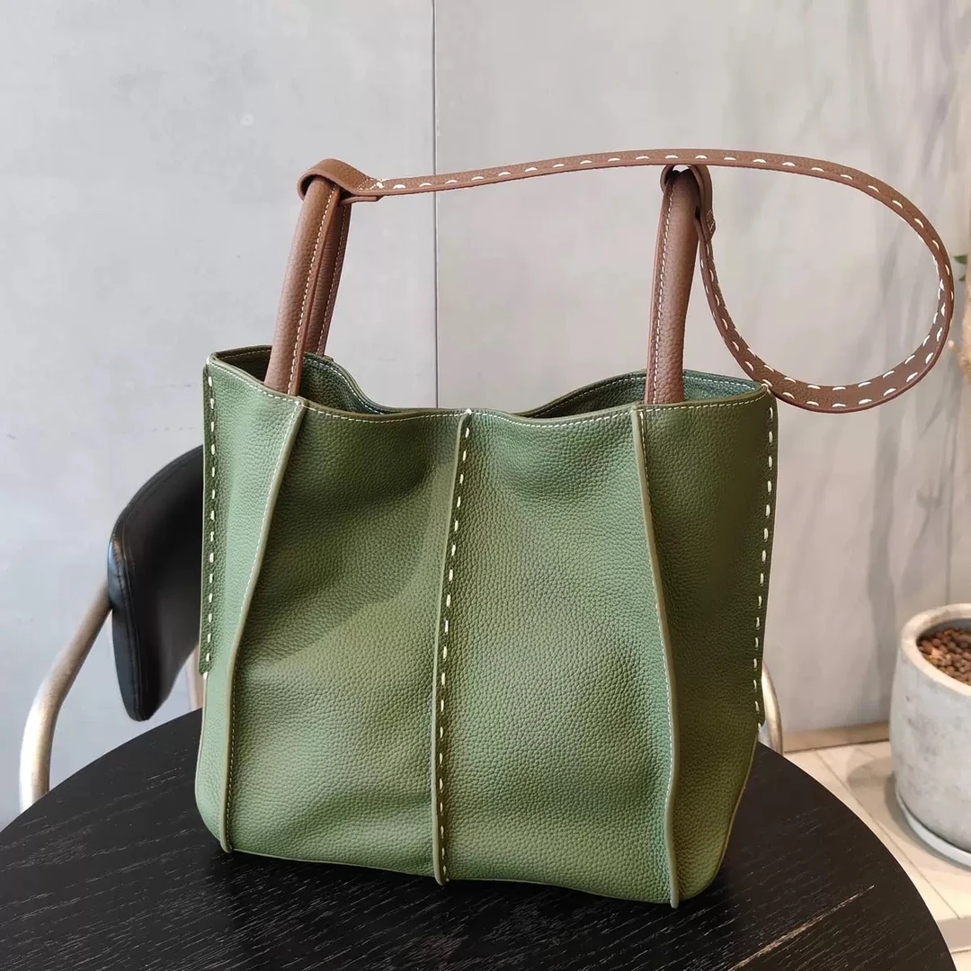 金猴2025年冬款头层牛皮大容量拼接托特单肩包日式手工托特包