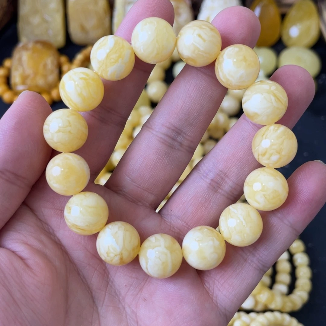 手串琥珀未镶嵌14+俄料浓蜡虎皮妖白花圆珠手串