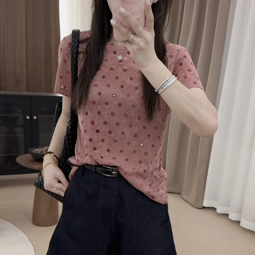 伟丽店4135款【手缝钻圆点短袖T】时尚复古港风短袖吸汗波点圆领T恤