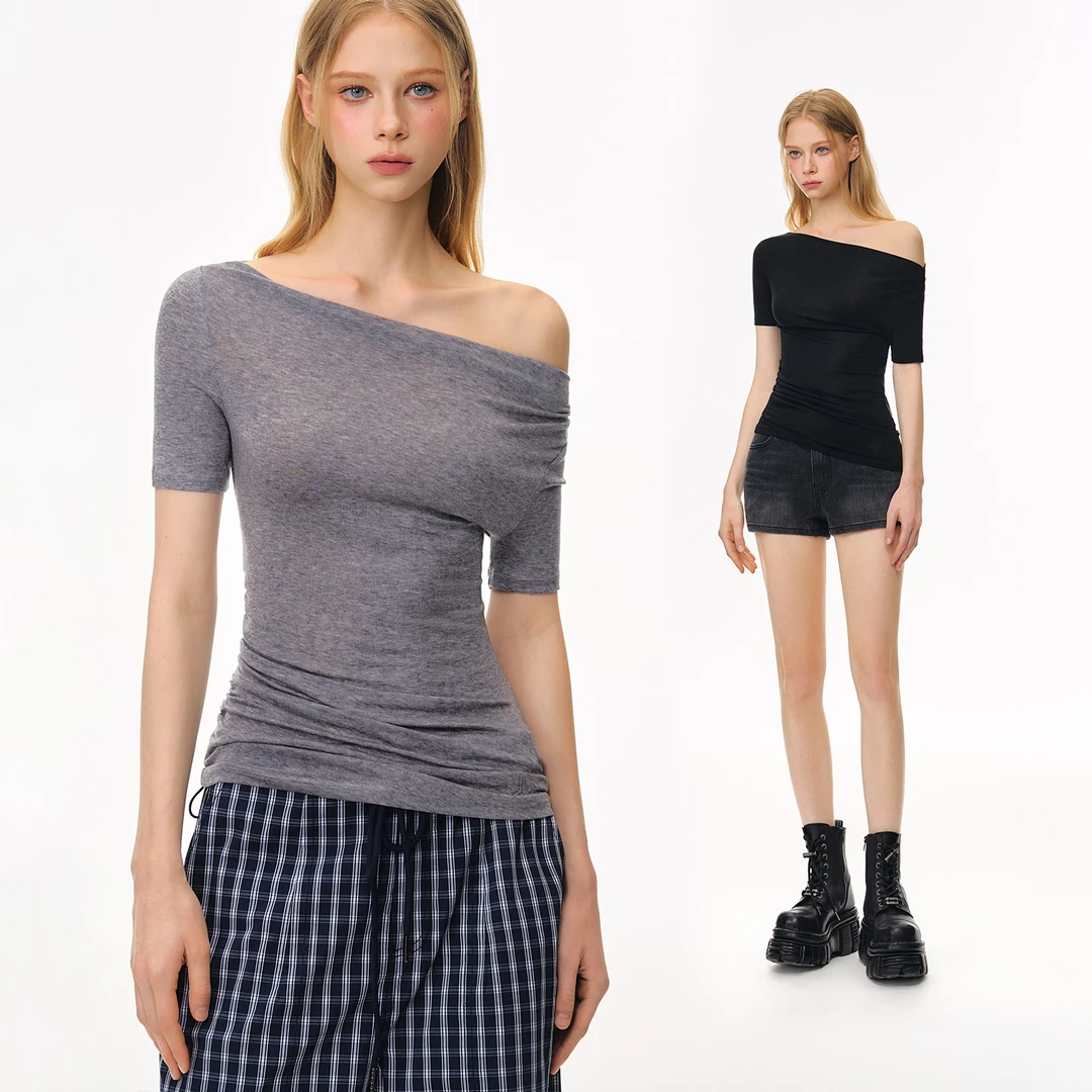 CLIMAX VISION兰精天丝羊毛不对称抽褶斜肩柔软紧身短袖T恤女