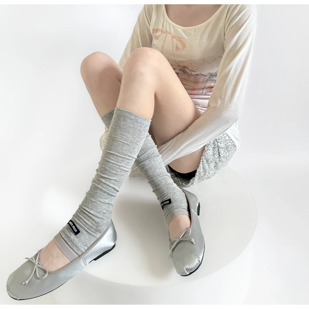 MIU系宽条踩脚袜套女ins潮竖纹显瘦字母布标秀款腿套灰色芭蕾风袜