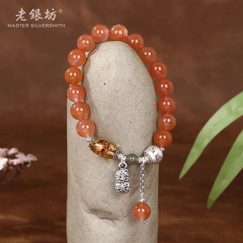 【老银坊】s925银南红花生六字圆珠手串 00351388