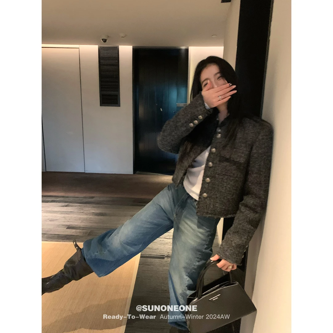 SUNONEONE 毛边小香风短款外套女冬宽松精致气质名媛上衣H0526W