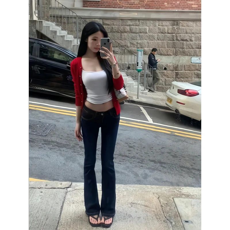 针织开衫新款时尚薄款慵懒风短款长袖上衣微喇牛仔裤拖地喇叭裤子