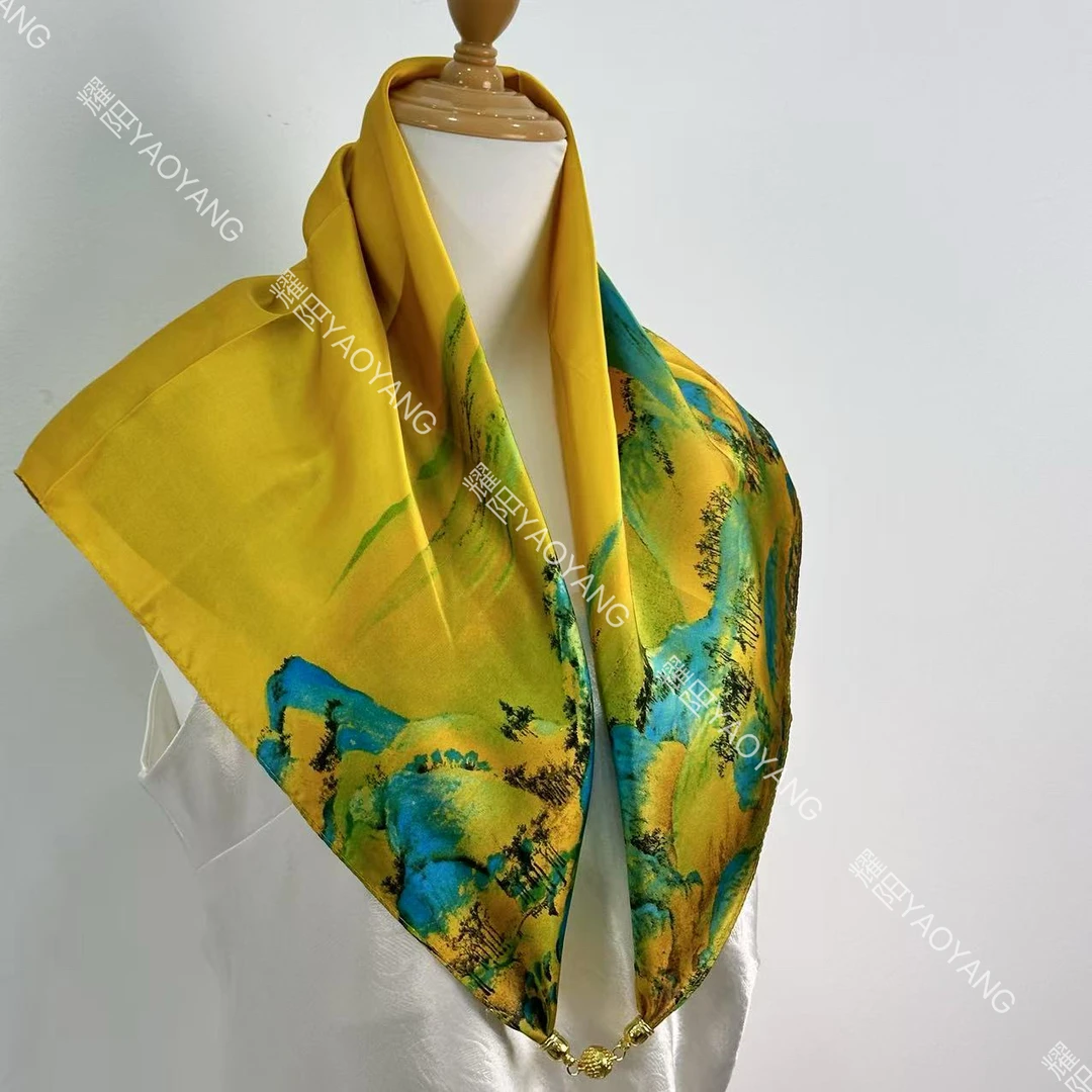 【江山如画】新中式磁吸扣丽锦缎轻奢高定百搭方巾（A084）