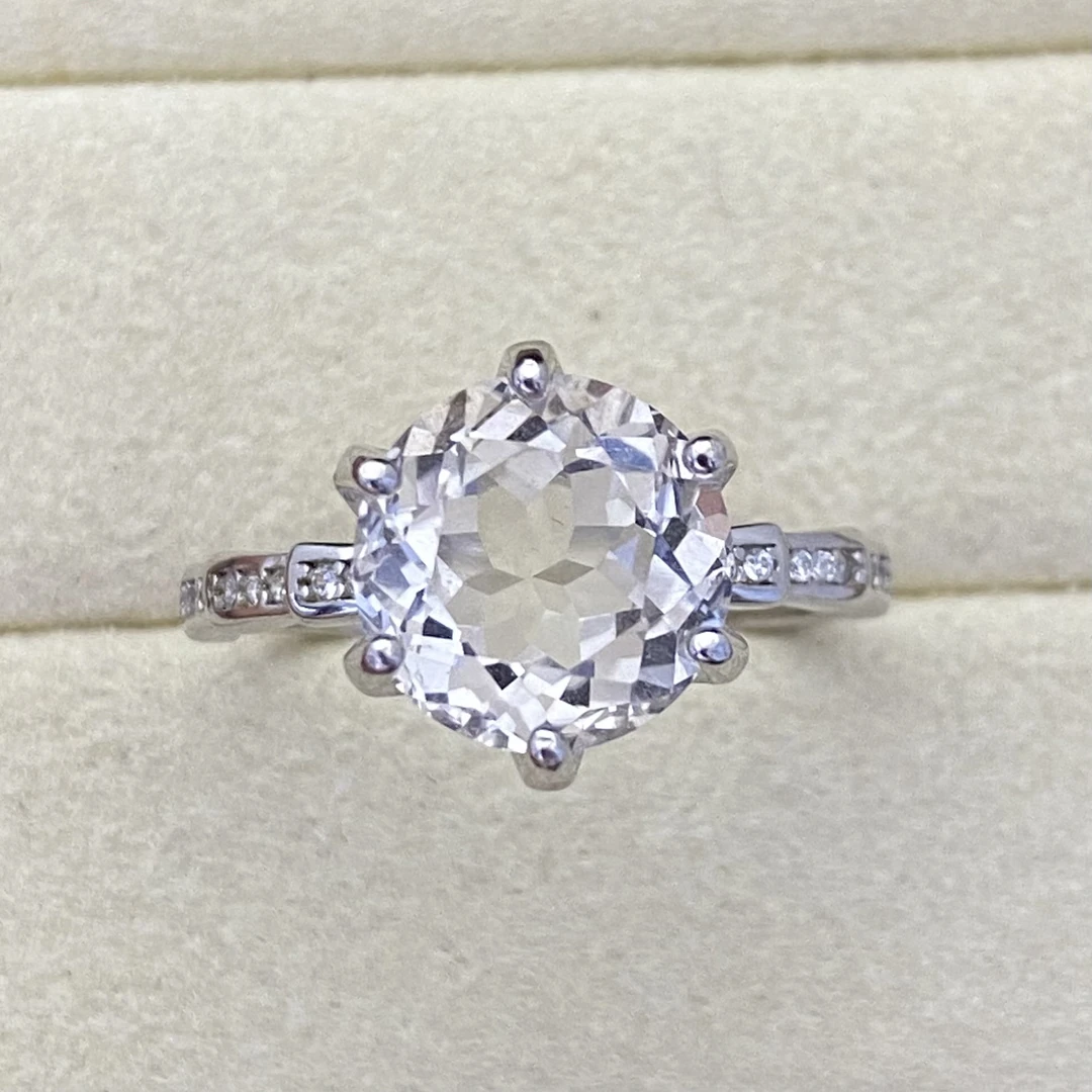 天然白水晶戒指s925银 开口戒 主石10mm 经典简约大方时尚百搭J