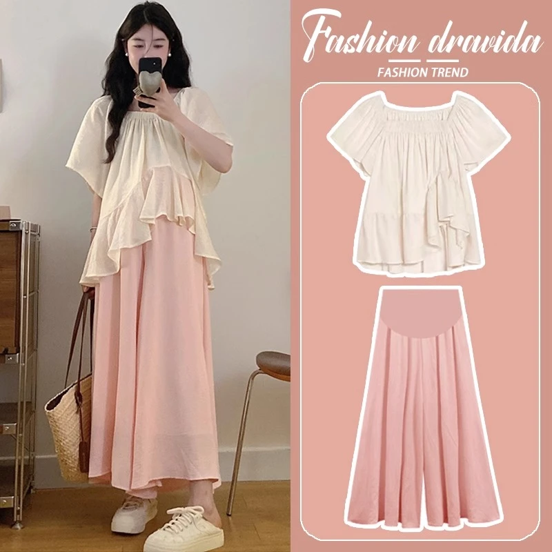 孕妇套装夏款新款不规则娃娃衫上衣粉色裤裙小个子两件套宽松夏季