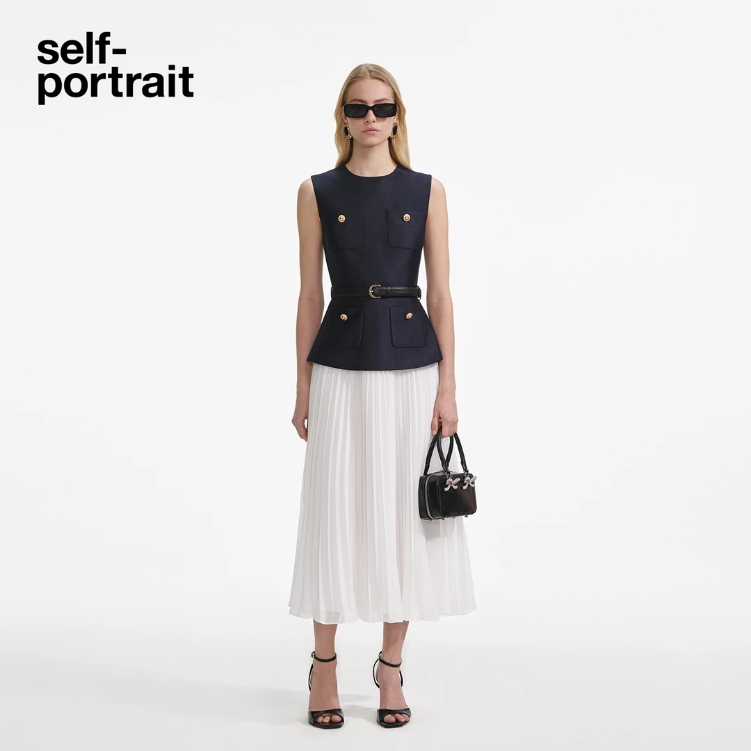 self-portrait 2025早秋新款蓝撞白缎面小香风假两件无袖连衣裙