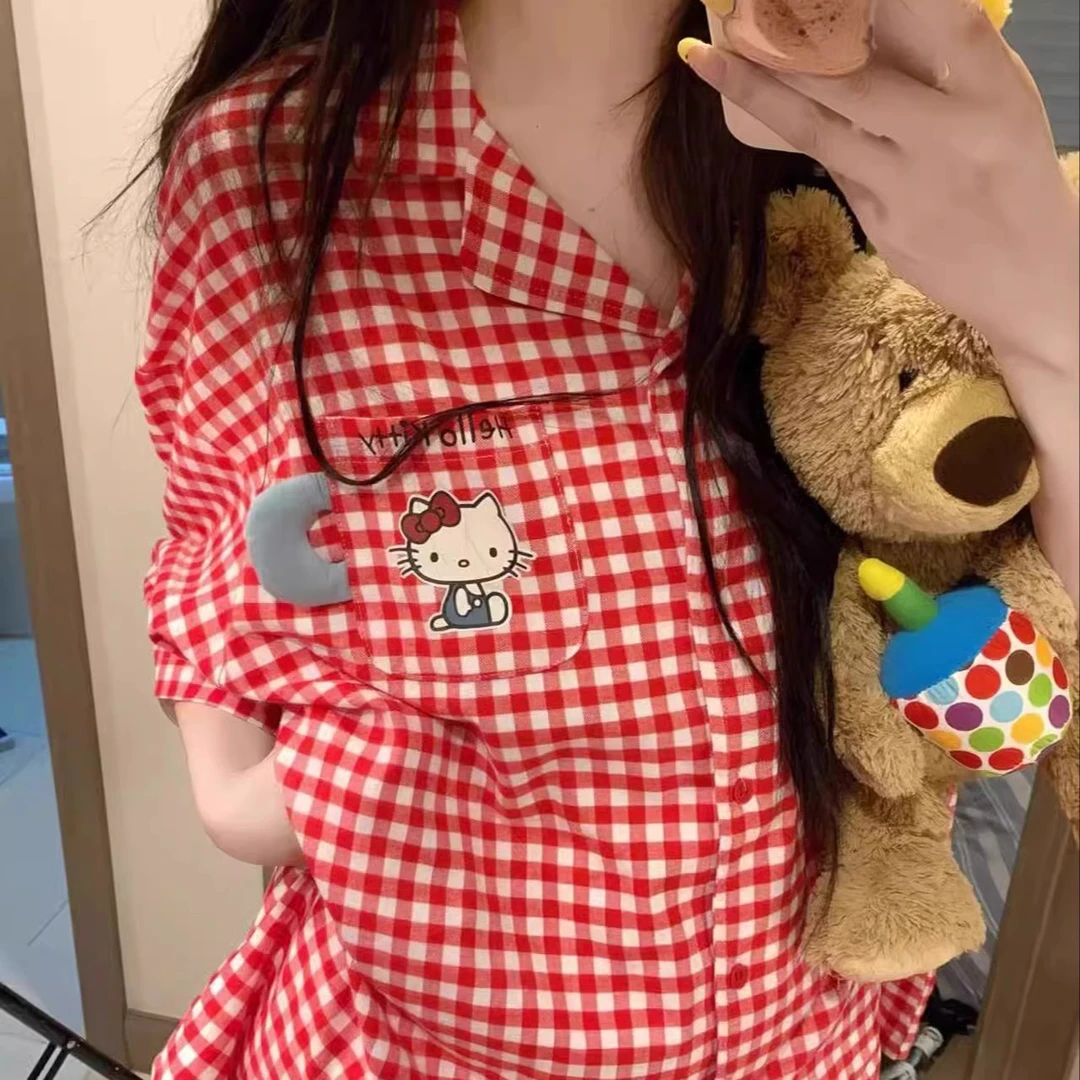 可爱卡通红格凯蒂猫甜美少女短袖短裤三件套睡衣女可外穿家居服