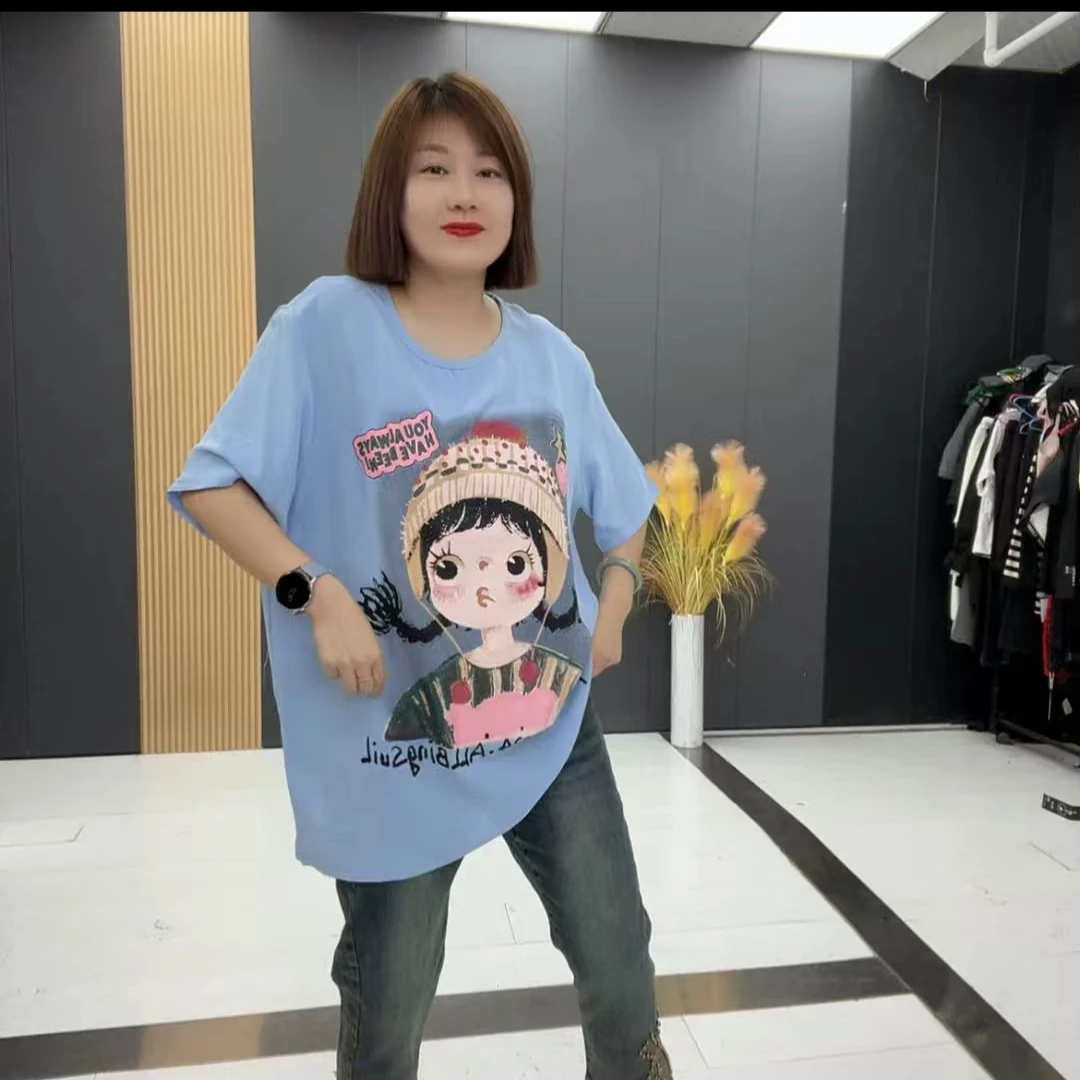 ZL6602休闲短袖T恤宽松圆领卡通女孩中长款透气宽松上衣