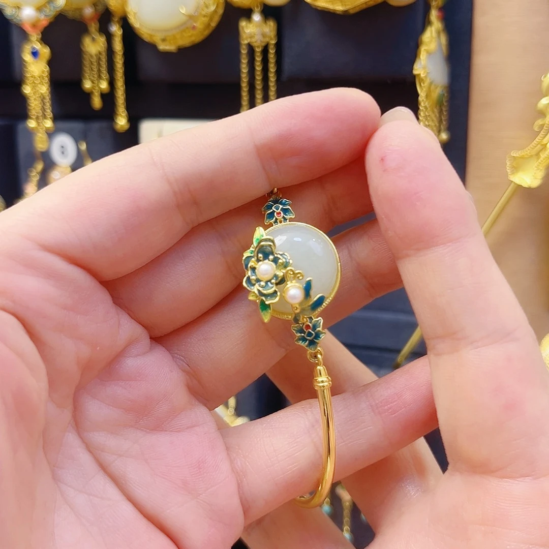 和田玉银S925镀金镶嵌手链