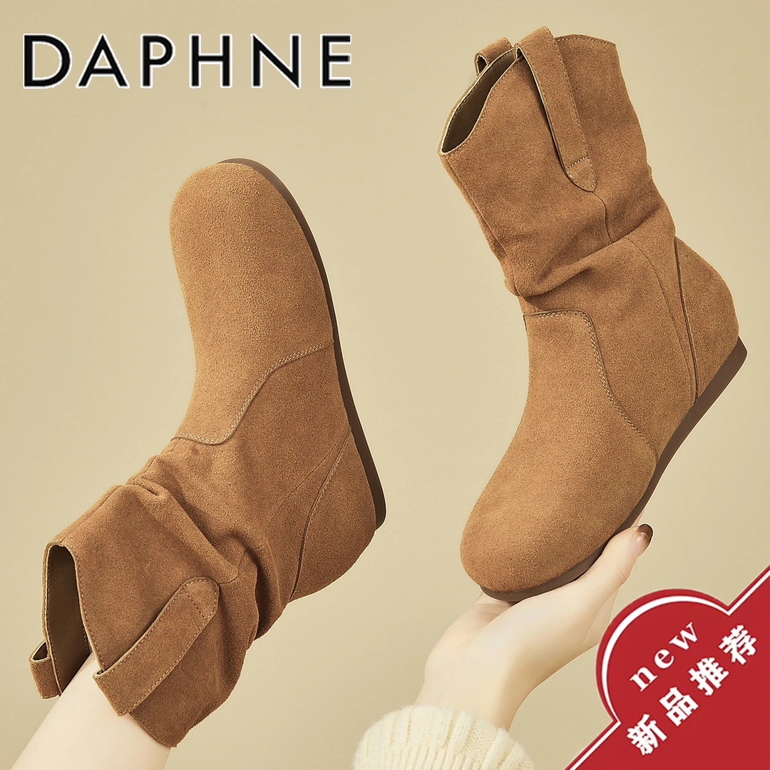 达芙妮美拉德棕色复古短靴女款2025冬季新款褶皱堆堆靴平底马丁靴