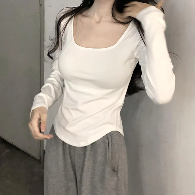 法式方领上衣女修身长袖短版t恤打底衫春秋冬季纯欲辣妹内搭小衫