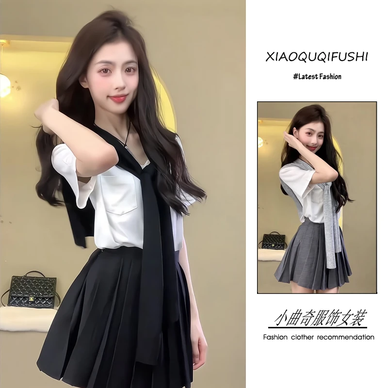 夏季一整套女装2025年新款韩系清纯学院风白T恤披肩百褶裙三件套