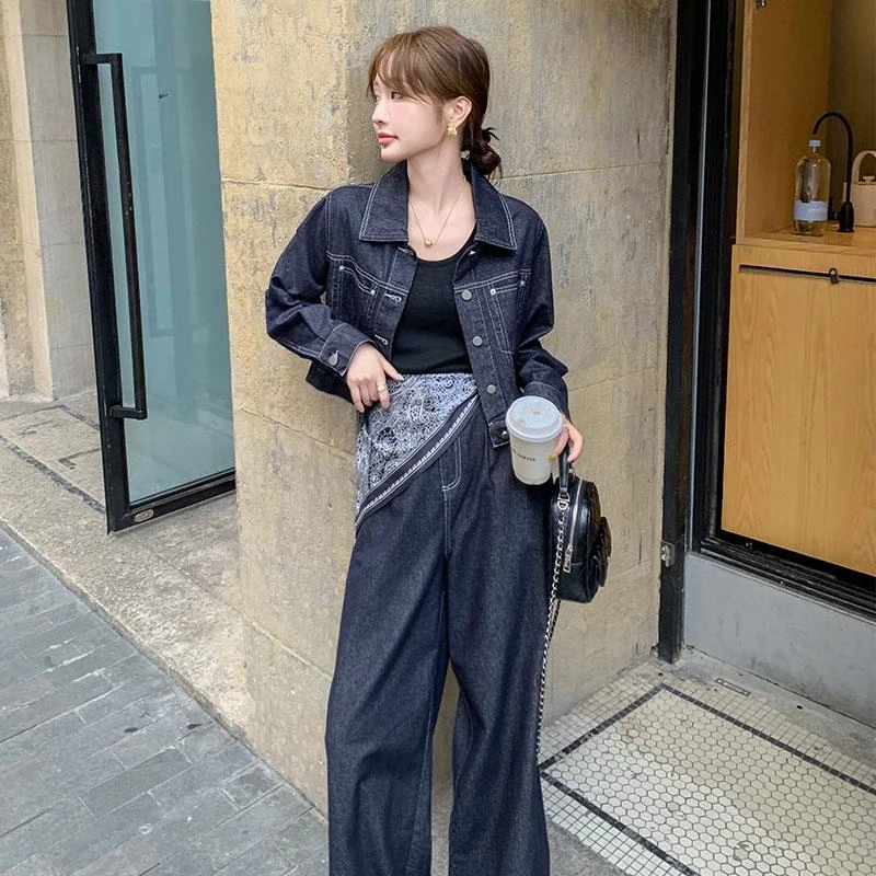 复古牛仔套装阔腿裤两件套女2025年新款春秋款时尚休闲宽松一整套