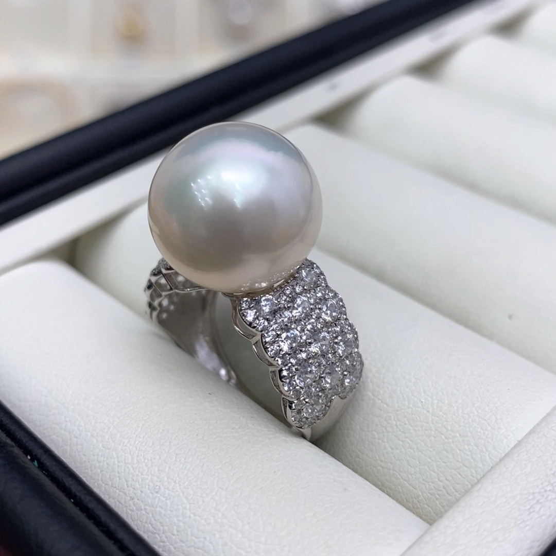 海水珍珠戒指18K金镶嵌14-15m m正圆无瑕