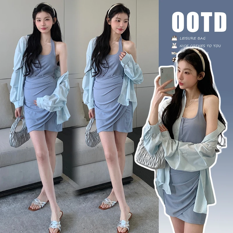 时髦孕妇装新款2025蓝色简约衬衫显瘦气质网红春夏辣妈修身背心裙